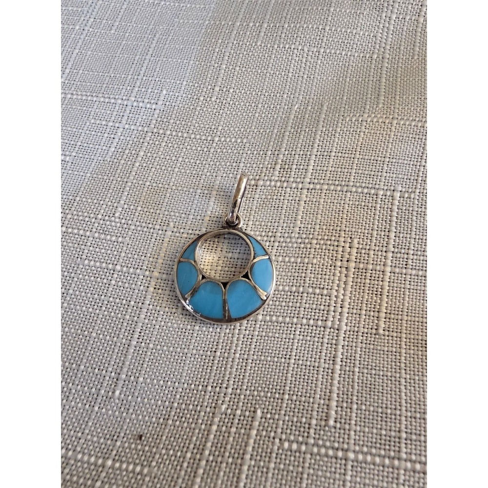 Artisan Sterling Silver Turquoise Inlay Open Circle Pendant Signed Hallmark